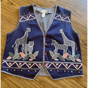 Vintage EUC 90s Napa Valley Giraffe Zoo Animal Floral Applique‎ Vest XL 🦒🌺